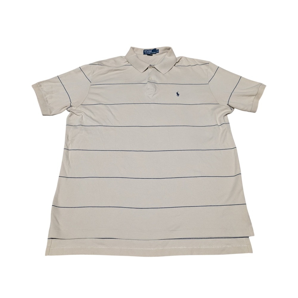 Vintage Polo Ralph Lauren Shirt Mens XL Beige Striped Short Sleeve 90s Cotton